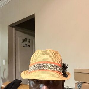 Nine West Tan Straw Hat with Orange and Leopard Accent